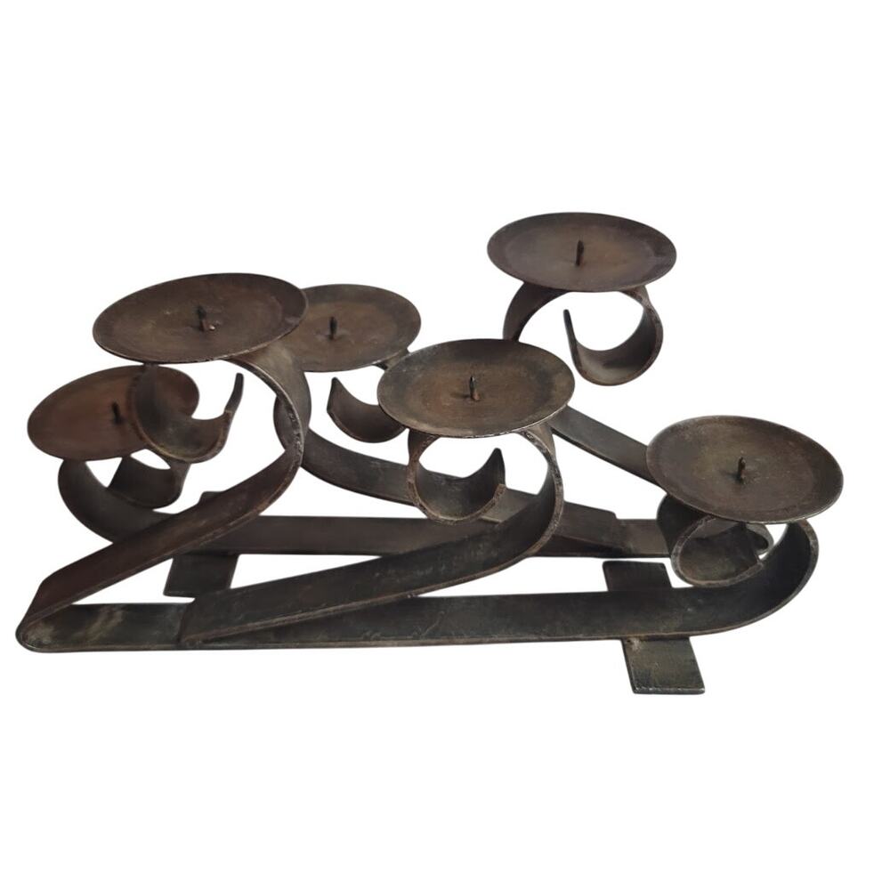 Pair MCM Large Wrought Iron 3 Candle Holder 17" x 9" Heavy Bruitalist Style - Picture 2 of 8